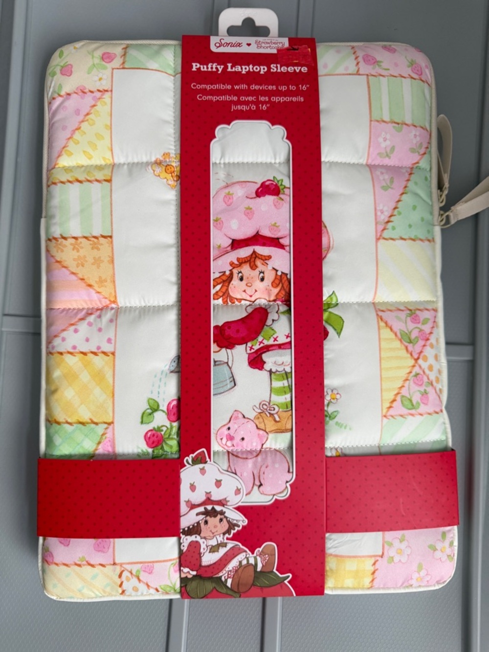 Strawberry Shortcake Puffy 16” Laptop Sleeve - Pastel Patchwork Pink & Green